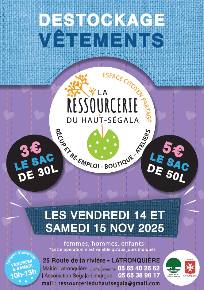 Destockage de vêtements à la Ressourcerie du Haut-Ségala les 14 et 15/11